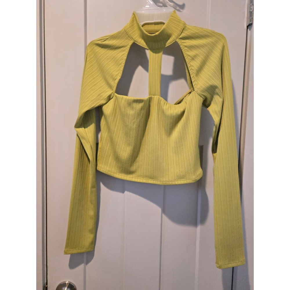 Women's Chartreuse Ribbed Cutout Long Sleeve Crop